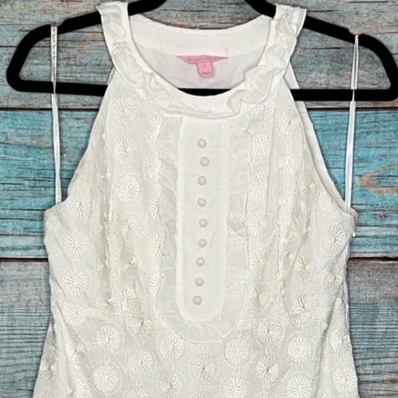 Lilly‎ Pulitzer Jacqueline Dress 4 Lace Tropical Fruit Pearl White Shift Ruffle - Picture 2 of 11